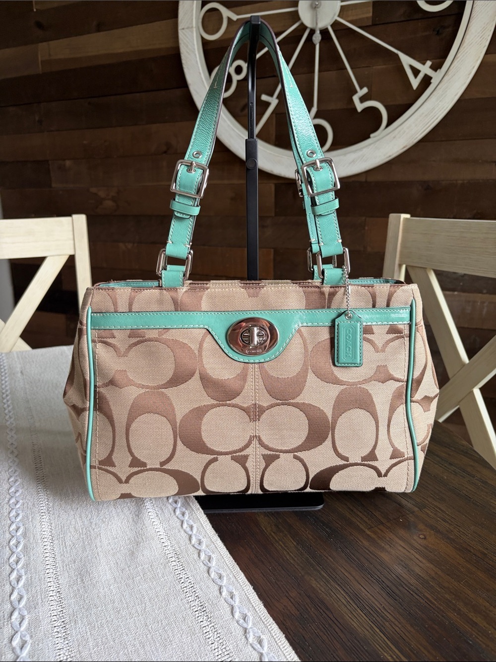 YTK Coach Hampton Aqua & Tan Signature Satchel LIKE NEW! 2009